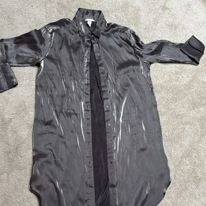 Sheer Long Button-Up Tunic Shirt Dress in Shiny Charcoal Gray